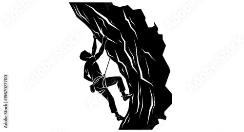Silhouette of a rock climber scaling a steep cliff face.