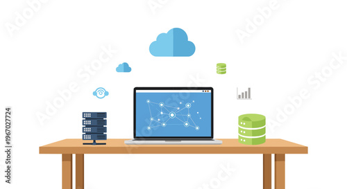 A laptop displaying a network diagram is placed on a wooden desk, surrounded by floating cloud and database icons.