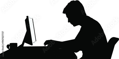 Black silhouette person working at desk with computer monitor and cup, focused office worker vector design for business productivity illustration