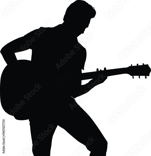 Black silhouette musician playing acoustic guitar standing pose with dynamic rhythm artistic vector design for music performance illustration content