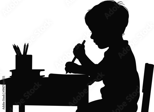 Child silhouette sitting at desk writing or drawing with books and pencils, creative learning education vector illustration design concept