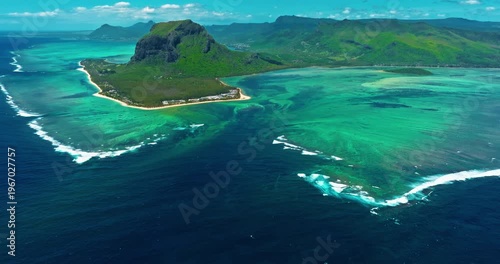 Aerial view of Underwater waterfall in a coral reef with turquoise water. Island Mauritius in the Indian Ocean