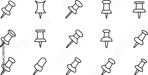 Push pin icon set, office stationery symbols collection, thumbtack vector line icons, minimal outline design elements for workplace organization pack