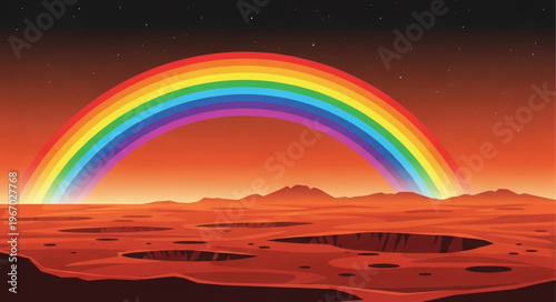 Vibrant rainbow arches over a desolate alien landscape.