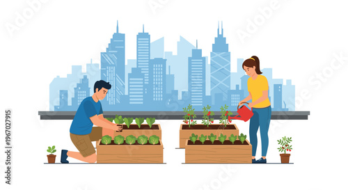 A man and a woman are gardening in raised wooden beds on a rooftop, with the man tending lettuce and the woman watering tomatoes, against a detailed blue city skyline.