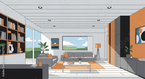Modern Living Room Interior Design Sketch with Large Windows.