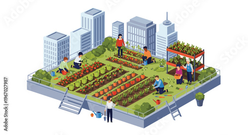An isometric illustration shows a vibrant rooftop garden with eight diverse individuals actively gardening in raised beds, set against a backdrop of tall urban buildings.