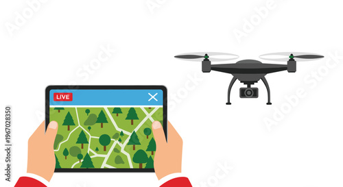 Two hands hold a tablet displaying a live map with trees and roads, while a grey drone hovers nearby.