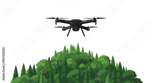 A black drone with four propellers and a camera attachment flies above a dense, vibrant green forest against a white background.