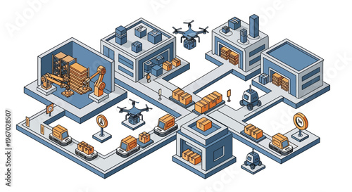 Automated factory with drones and conveyor belts illustration.