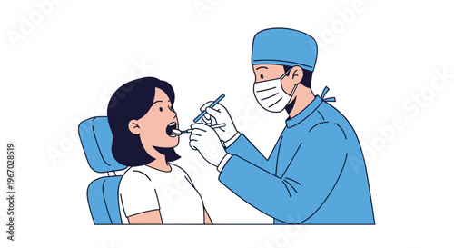 A male dentist in blue scrubs and a mask examines a female patient with an open mouth while she sits upright in a blue dental chair.