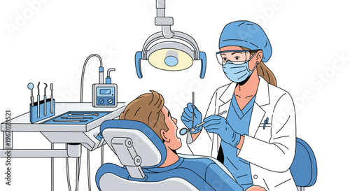 A female dentist in a white lab coat and safety glasses examines a male patient in a dental chair with an overhead lamp and side equipment.