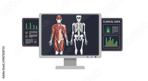 A central monitor displays human muscular and skeletal systems, flanked by two smaller screens showing clinical data graphs and charts.