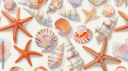 Colorful seashells and starfish illustration on white background design elements