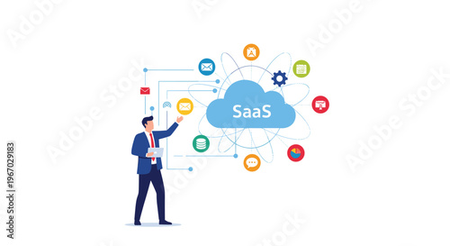 A businessman points towards a central SaaS cloud surrounded by orbiting service icons on a white background.