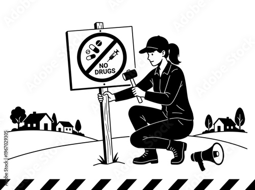 Volunteer placing no drugs sign for prevention