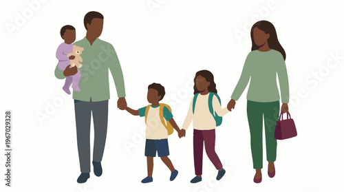 Black family walking together, father carrying baby, children holding hands