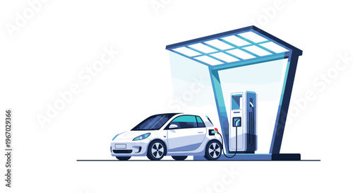 A compact white electric car charges at a single, modern charging station with a blue canopy on a plain white background.