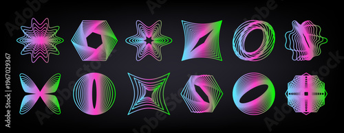 Set of 12 neon abstract geometric line shapes. Vibrant UV gradient wireframe elements with moire effect for cyberpunk posters and trendy Y2K aesthetic design.