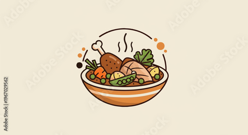 Hearty stew with chicken, carrots, peas, potatoes and greens