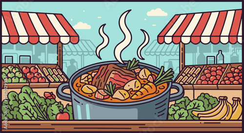 Hearty stew simmers at a vibrant outdoor market stall