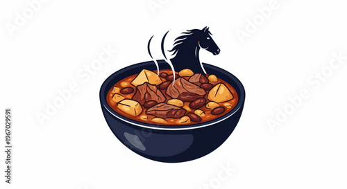 Hearty stew with hearty portion of meat and beans, topped with a silhouette of a horse head