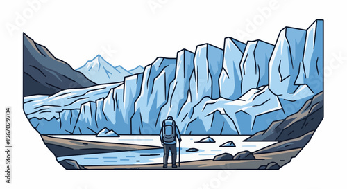 Hiker admires a massive glacial wall and icy water