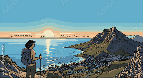 Hiker admiring a coastal town and mountain at sunset
