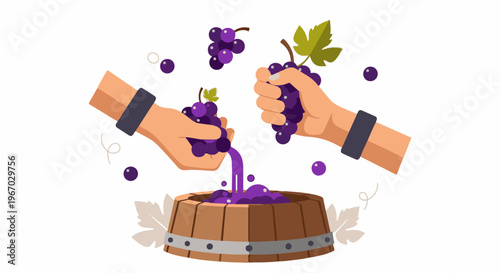 Hands crushing grapes, juice flowing into wooden barrel
