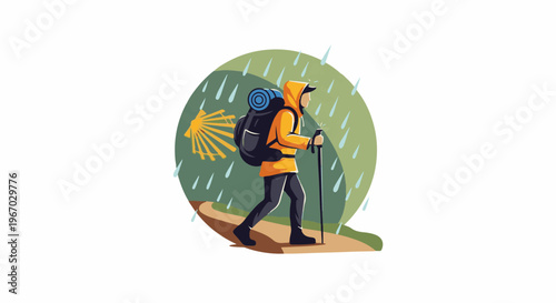 Hiker in rain with backpack, poles, and a shell symbol