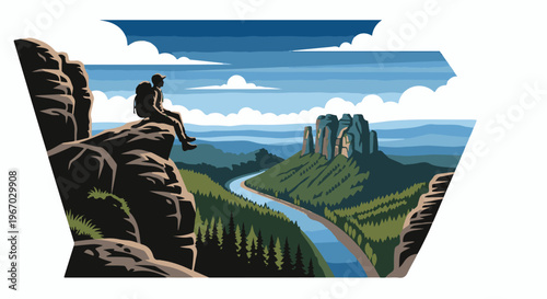 Hiker rests on cliff edge overlooking scenic valley river and rock formations