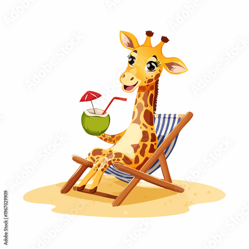 Niedliche Giraffe auf Holz-Sonnenliege mit Kokos-Cocktail am Strand – Aquarell Kinderdesign