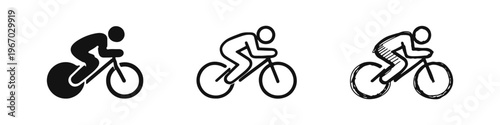 Cyclist Riding Bicycle Icon Set - Sports, Exercise, and Transportation Symbols
