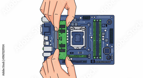 Hands installing RAM module into a computer motherboard