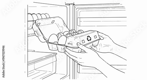 Hands place a carton of eggs into a refrigerator compartment