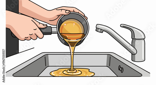 Hands pour yellow liquid from a pot into a sink with a faucet