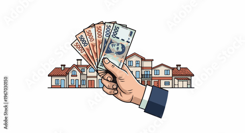Hand holding banknotes in front of houses
