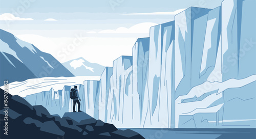 Hiker surveys immense icy cliffs under pale sky and distant peaks
