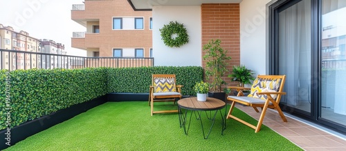 Modern apartment balcony oasis with artificial turf, hedge privacy screen, and city view