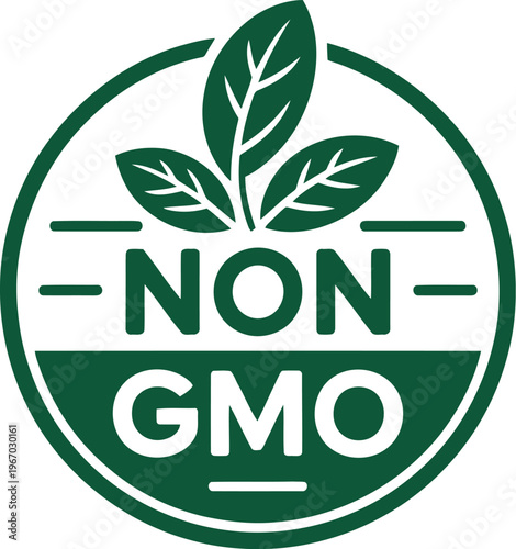 Non GMO Certified Label with Green Leaves Icon for Organic Natural Food Packaging and Marketing