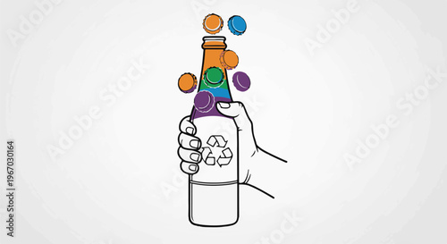 Hand holding bottle with colorful caps and recycling symbol (2)