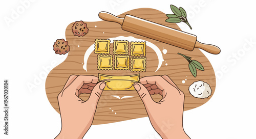 Hands preparing fresh pasta ravioli on a wooden surface with baking ingredients