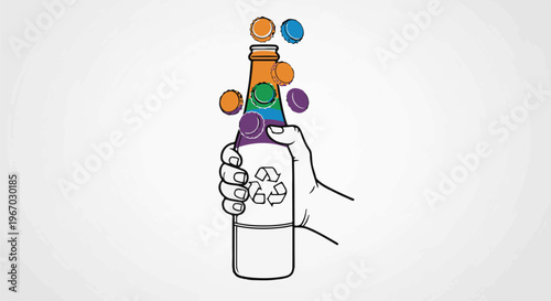 Hand holding bottle with colorful caps and recycling symbol (3)