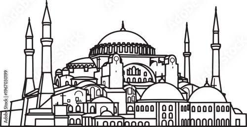 Line art of Hagia Sophia with grand dome and minarets, iconic Istanbul landmark.