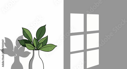 Green leaves in a vase cast a shadow, light streams from a window