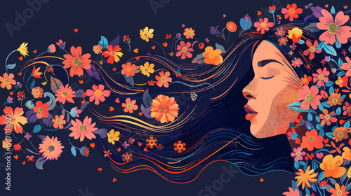 Woman with flowing hair adorned with colorful flowers illustration