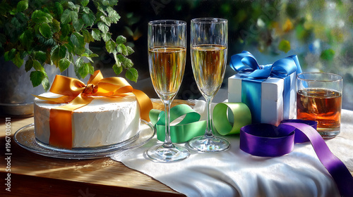 Celebrate special moments with champagne, cake, and gifts, a perfect scene for birthdays, anniversaries, or festive occasions