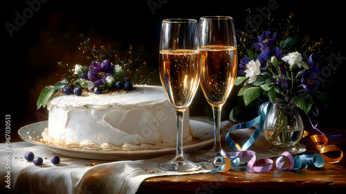 Celebrate with elegant white cake, bubbling champagne, and vibrant floral arrangements, perfect for any special occasion or festive gathering.