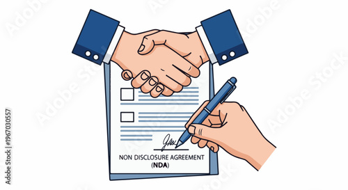 Hands shaking over a signed non-disclosure agreement document with a pen
