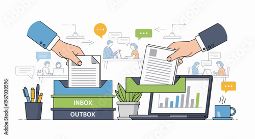 Hands sorting documents into inbox and outbox with teamwork and data visualization